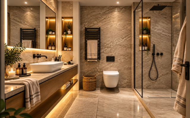 Sıcak Tonlarda Lüks Modern Banyo